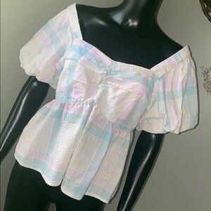 Old Navy Multicolor Plaid Puff Sleeve Blouse